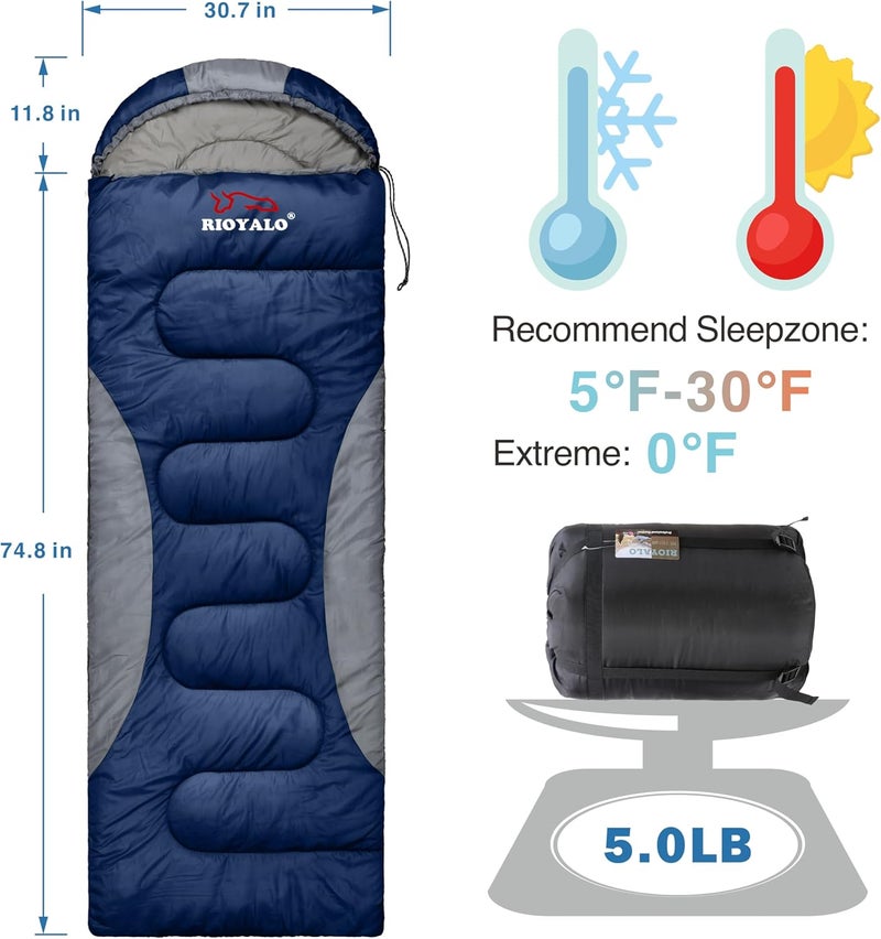 rioyalo 0 Degree Winter Sleeping Bags for Adults Camping (450GSM) - Temp Range (5F–32F) Portable Waterproof Compression Sack- Camping Sleeping Bags for Big and Tall in Env Hoodie: Backpacking Hiking 4 Season - Image 2